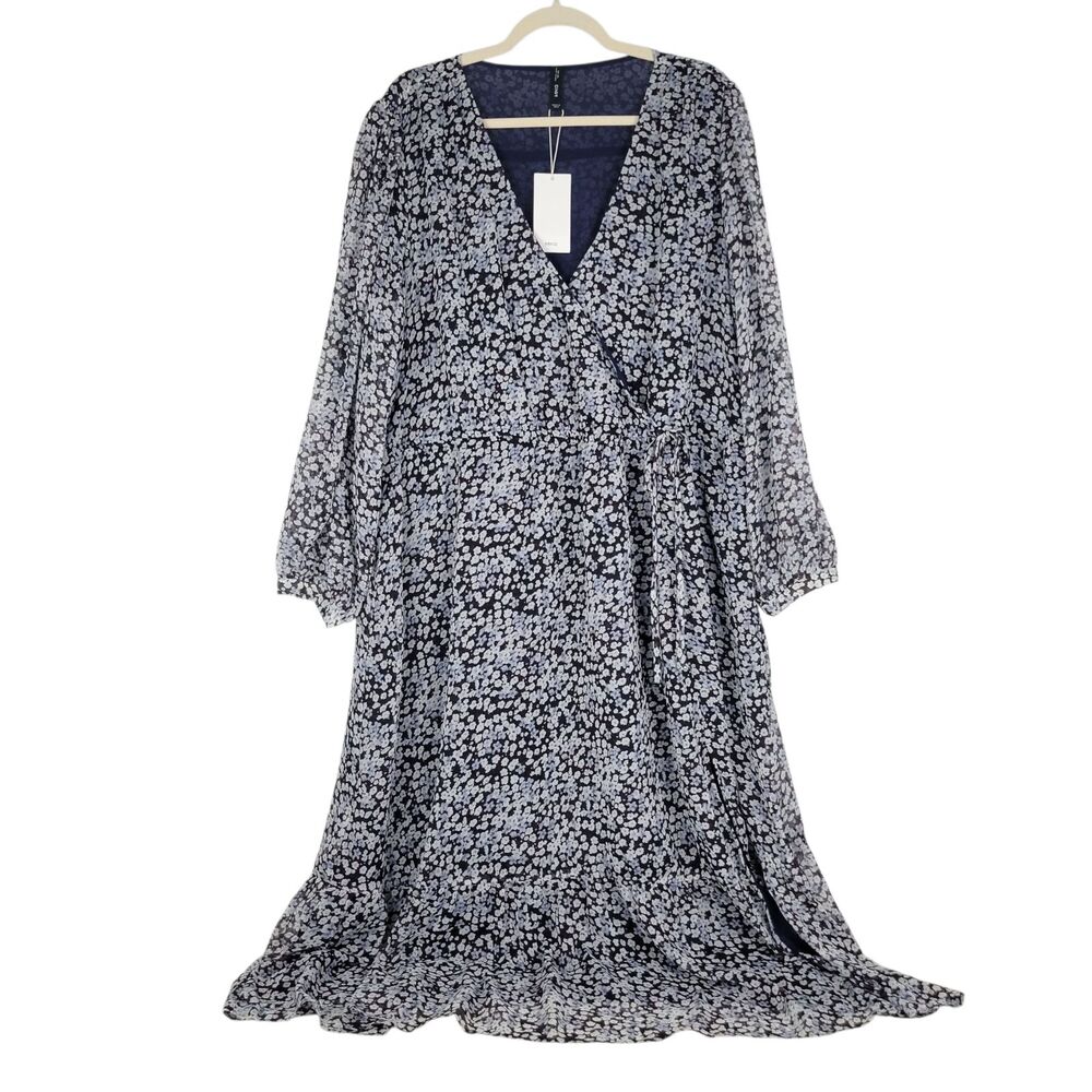 Mango Wrap Dress Women’s Size 2XL US 16 Blue Flowy Long Puffy Sleeve NWT $80